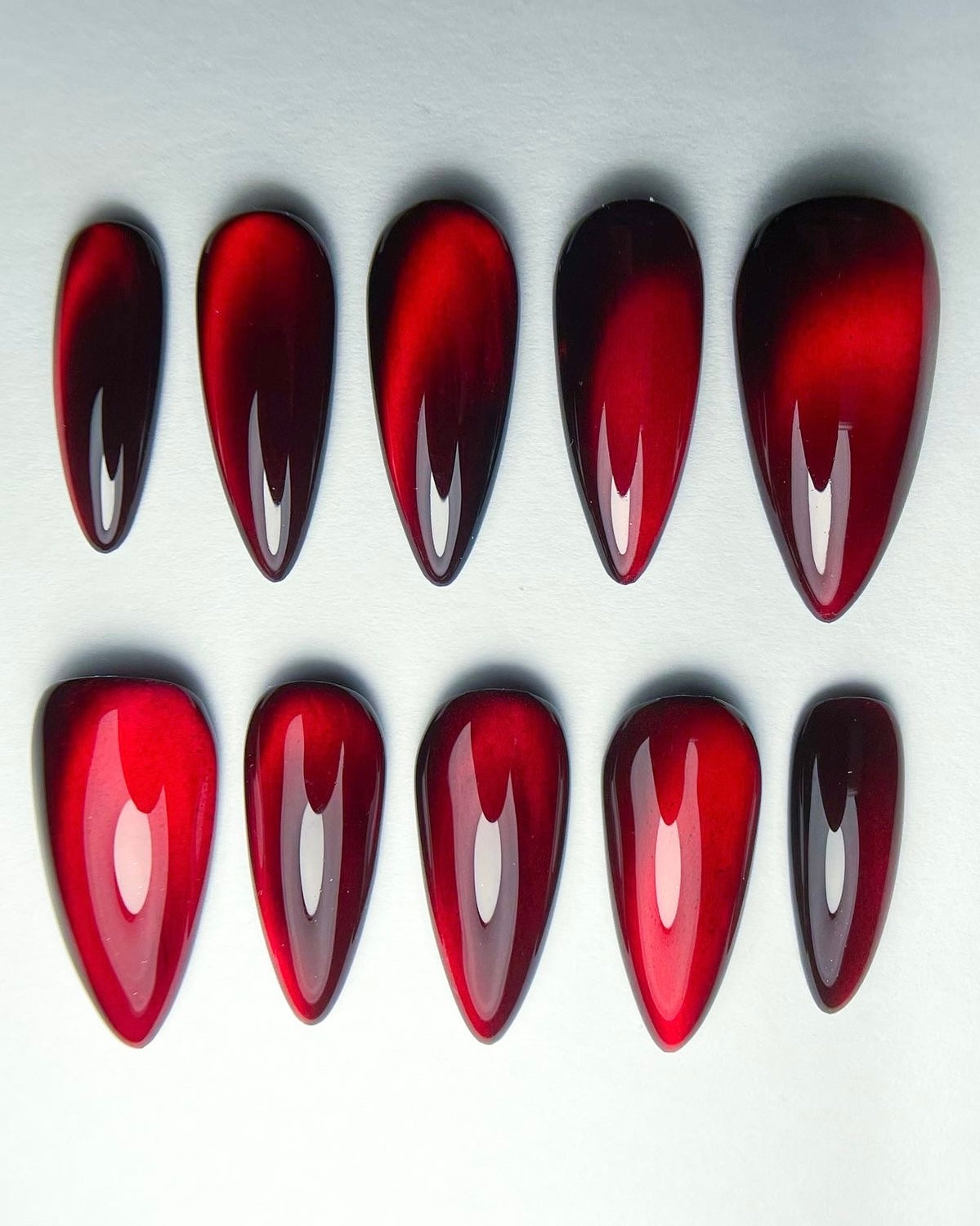 Red to Black Ombre Press-On Nails – Gothic Stiletto Burgundy Cat Eye Valentine Set