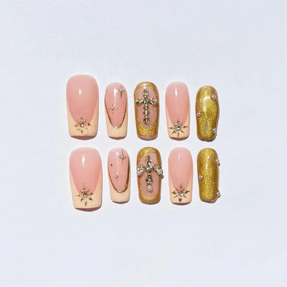 Luxury Nude & Gold Press On Nails| Cross and Star Charms Design | Rhinestone Pearl Accents