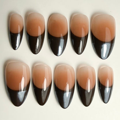 Nude Black Ombre Press-On Nails – Minimal French Tip Glossy Almond Gel Set