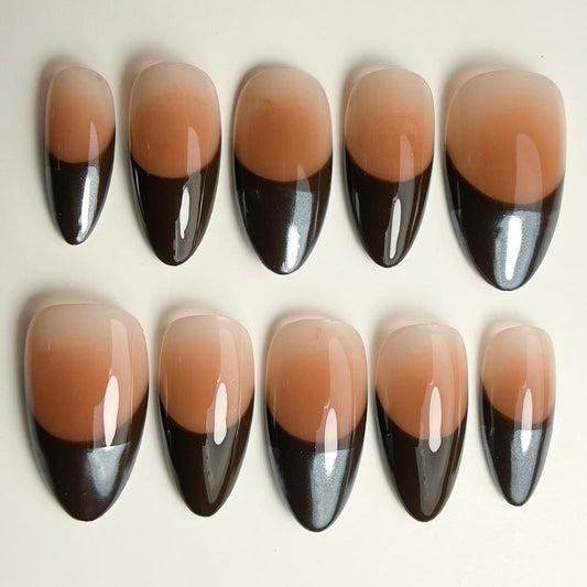 Nude Black Ombre Press-On Nails – Minimal French Tip Glossy Almond Gel Set