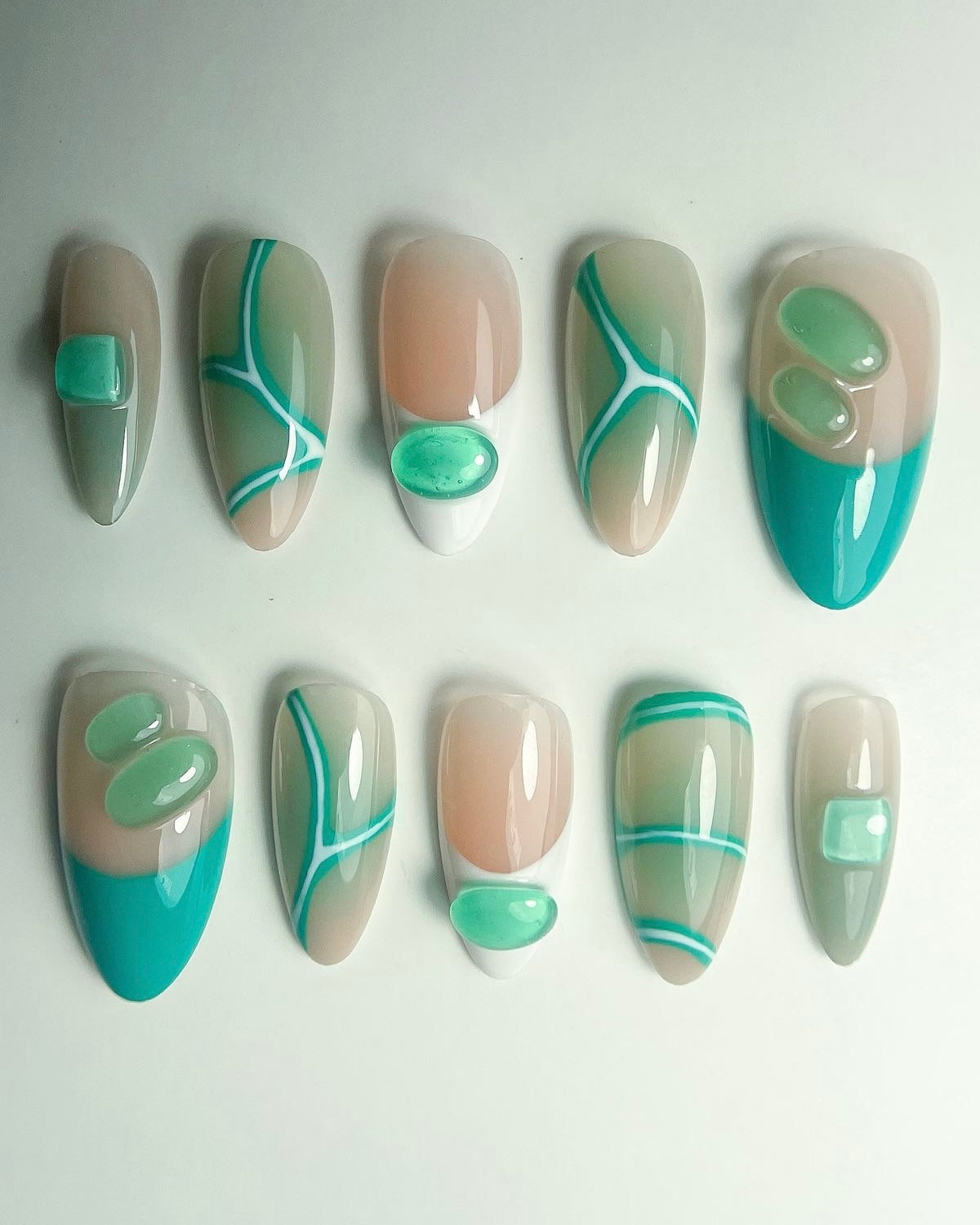 Mint Green Abstract Press-On Nails – Nude Almond 3D Gel Art Minimalist Set