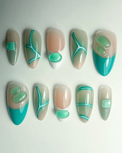 Mint Green Abstract Press-On Nails – Nude Almond 3D Gel Art Minimalist Set