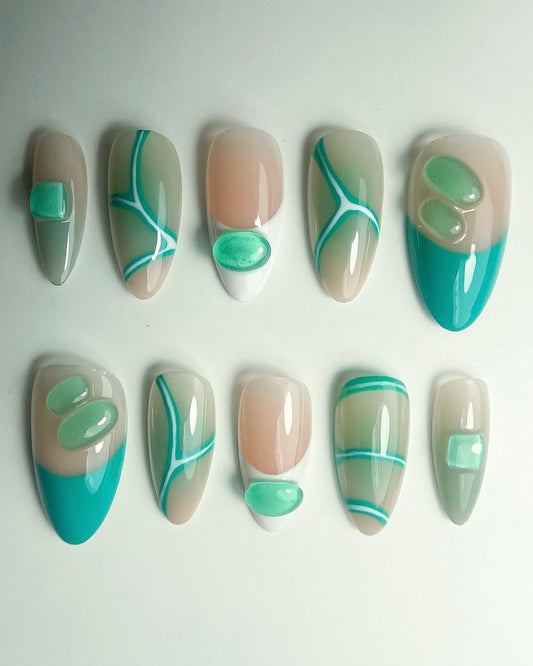 Mint Green Abstract Press-On Nails – Nude Almond 3D Gel Art Minimalist Set