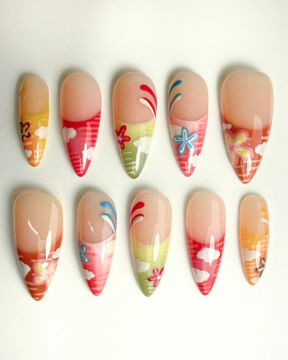 Pastel Floral Long Almond Press-On Nails – Nude Pink Spring Hand-Painted Set