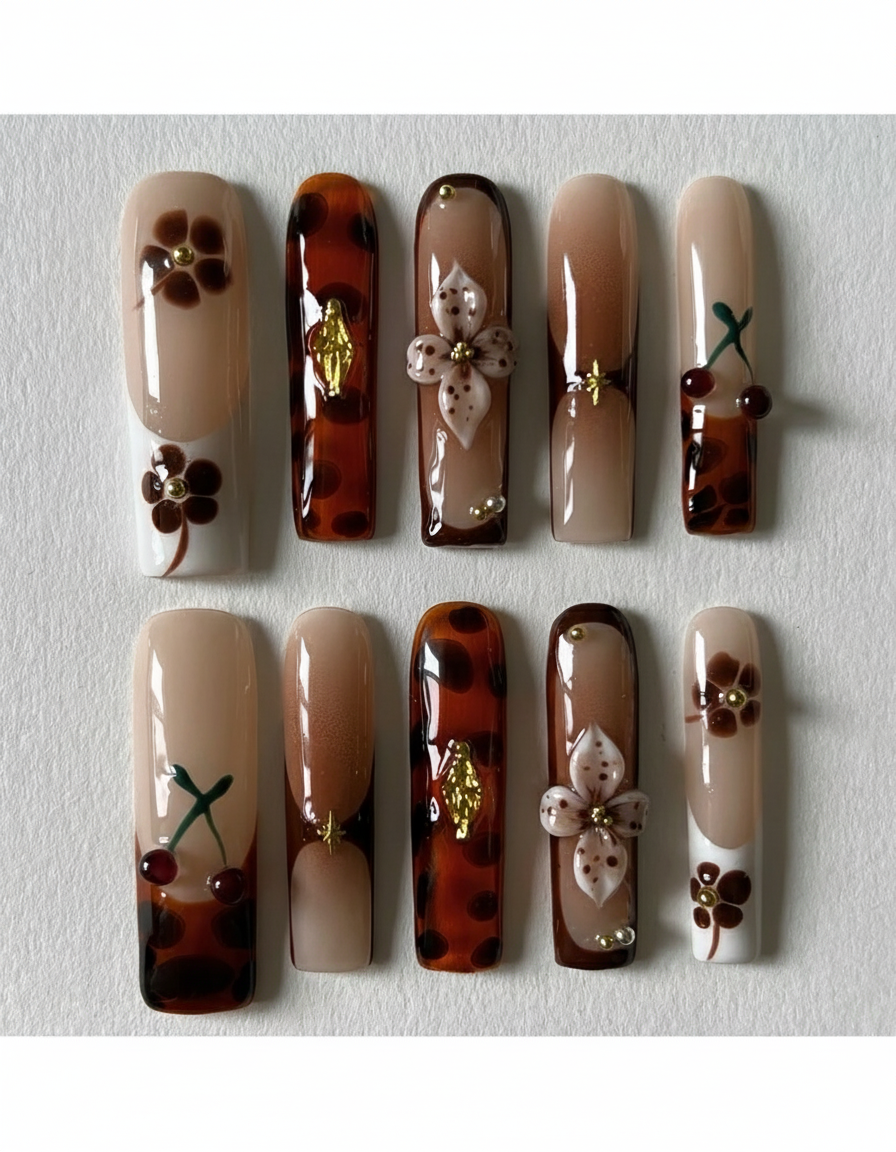 Brown Tortoiseshell Press-On Nails – Long Square Nude Floral Cherry Fall Gold Charm Set