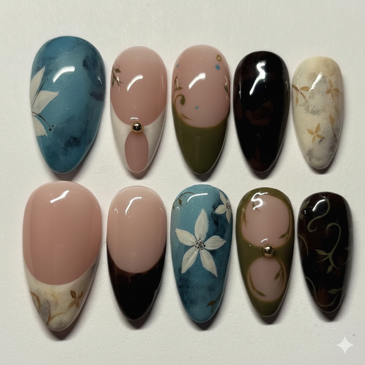 Minimal Floral Press-On Nails – Earthy Neutral Almond Nude Green Blue Abstract Set