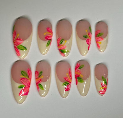 Pink Floral Almond Press-On Nails – Hand-Painted Flower French Tip Nude Base Set