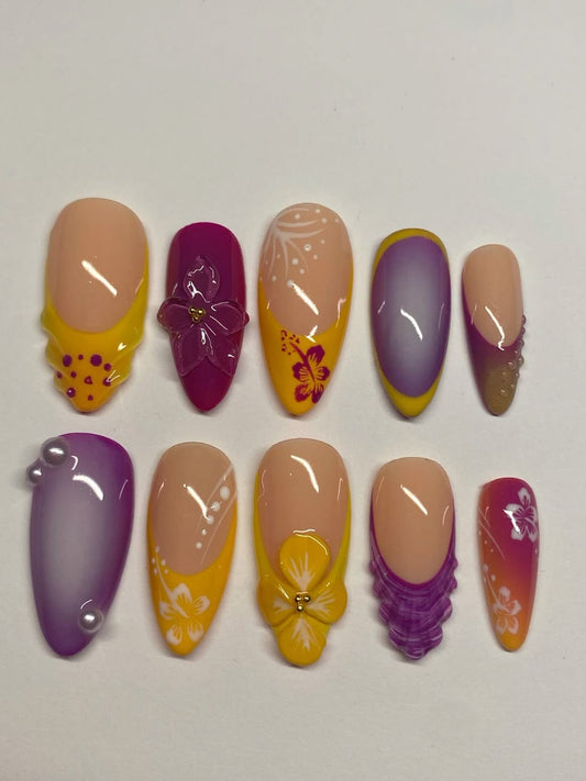 Purple & Yellow 3D Floral Press-On Nails – Colorful Handmade Almond Reusable Gift Set