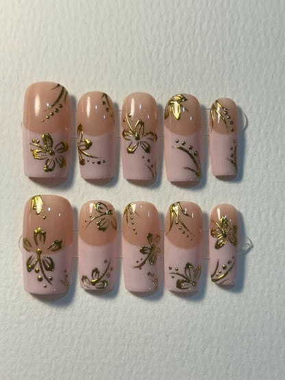 Nude Pink Gold Floral Press-On Nails – Hand-Painted Luxury Valentine Gold Foil Set