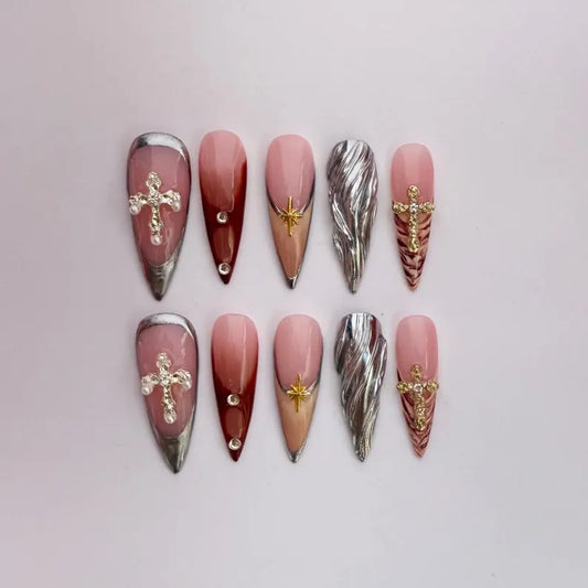 Luxury Burgundy & Silver Chrome Press On Nails |Cross and Star Charms | Long Stiletto Animal Print Nails