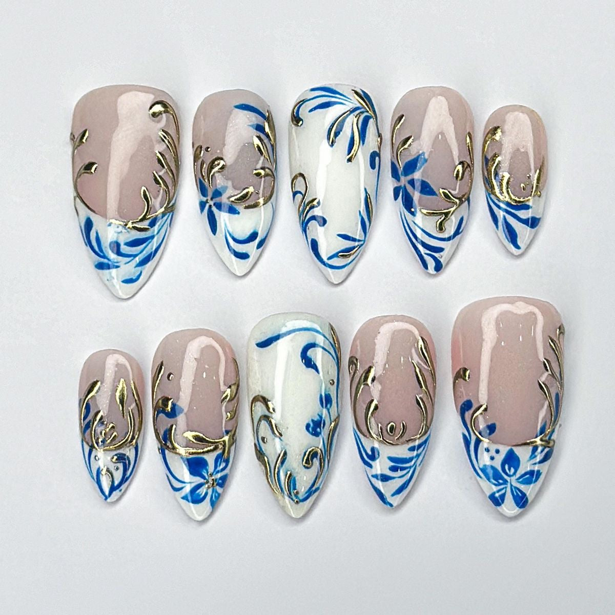 Blue Floral Almond Press-On Nails – Nude White Gold Detail Luxury Wedding Set