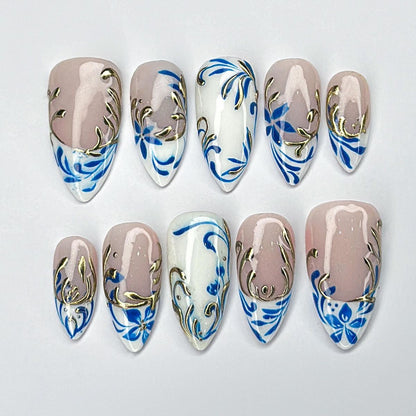 Blue Floral Almond Press-On Nails – Nude White Gold Detail Luxury Wedding Set