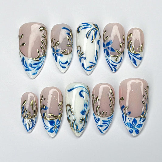 Blue Floral Almond Press-On Nails – Nude White Gold Detail Luxury Wedding Set