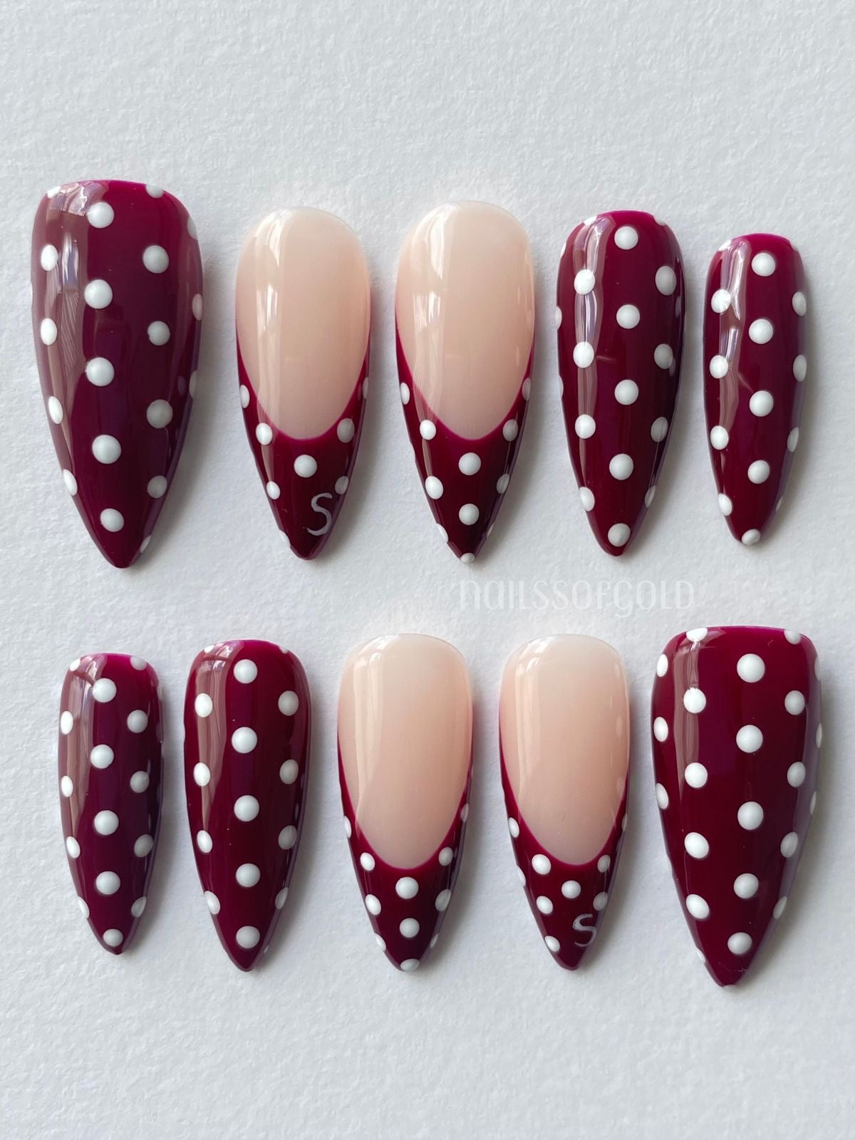Burgundy Polka Dot Press-On Nails – Nude Almond French Tip Retro Reusable Set