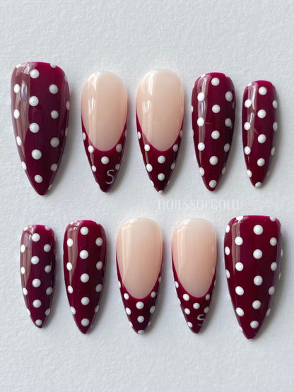 Burgundy Polka Dot Press-On Nails – Nude Almond French Tip Retro Reusable Set