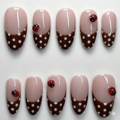 Cute Ladybug Press-On Nails – Nude Almond Brown Polka Dot French Tip Kawaii Set