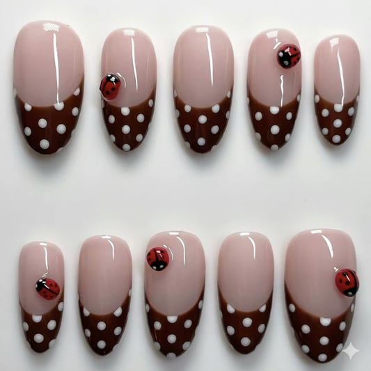 Cute Ladybug Press-On Nails – Nude Almond Brown Polka Dot French Tip Kawaii Set