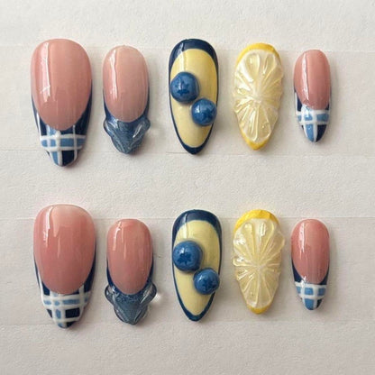 Blue Plaid French Tip Press-On Nails – Nude Gel 3D Abstract Handmade Reusable Set
