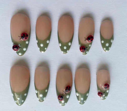 Green French Tip Press-On Nails with Ladybugs – Nude Gel Cute Nature Handmade Set