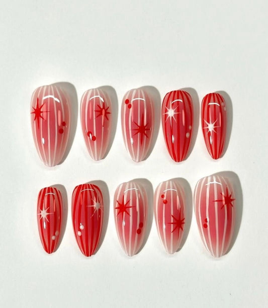 Red Starburst Press-On Nails – Retro Stripe Y2K Glossy Almond Reusable Set