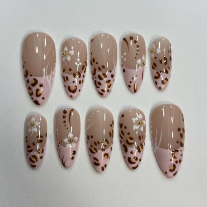 Leopard Print Press-On Nails – Nude Brown Floral Glossy Almond Chic Wedding Set