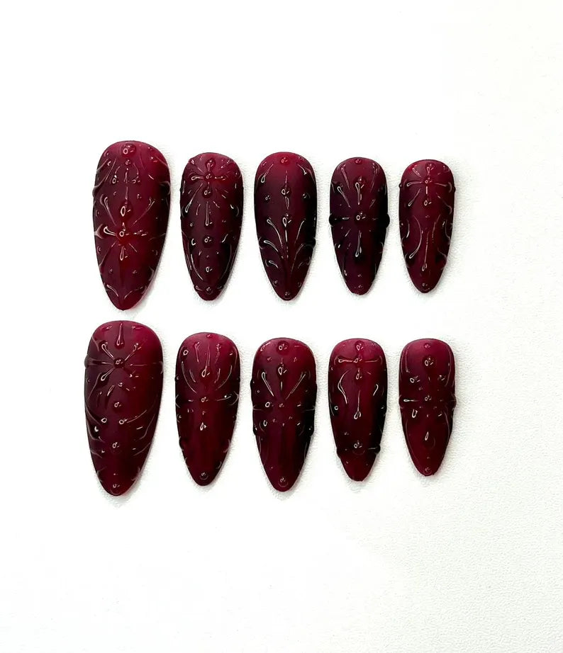 Burgundy Almond Press-On Nails – 3D Floral Embossed Glossy Wine Red Valentine Set