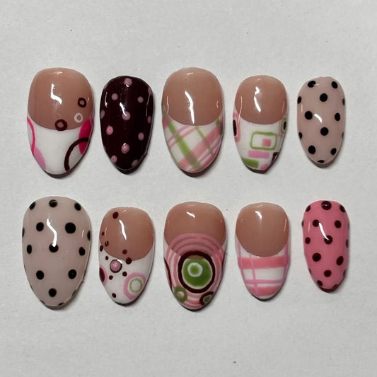 Nude Pink Abstract Press-On Nails – Polka Dot Geometric Short Oval Reusable Gel Set