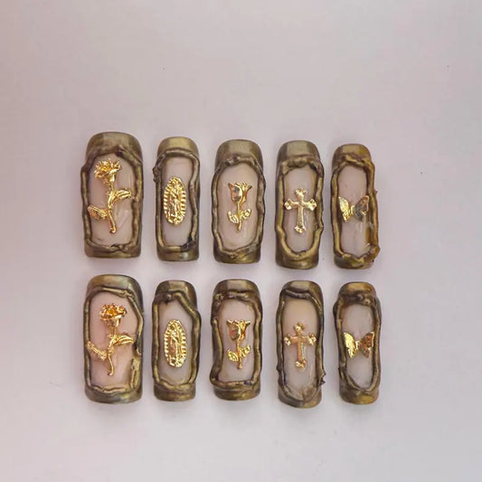 Gothic Gold 3D Coffin Press On Nails | Vintage Cross, Rose & Butterfly Charms