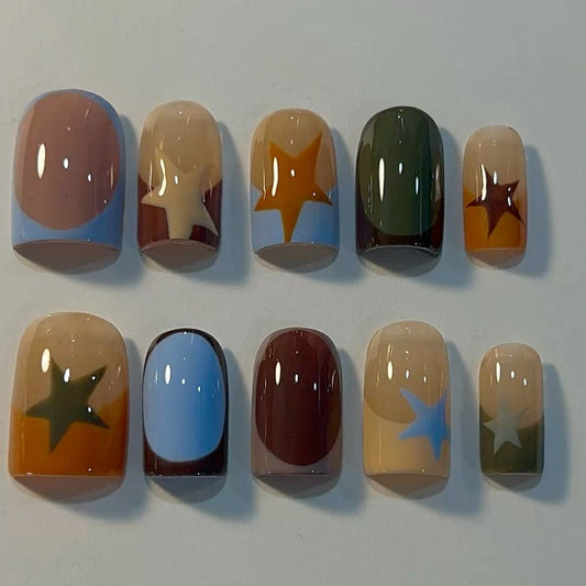 Daily Wear Star Press-On Nails – Neutral Nude Blue Brown Earth Tone Short Square Set