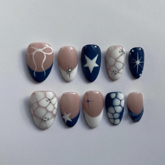 Galaxy Star Press On Nails | Blue And White Celestial Nail Design | Short Almond Nail set
