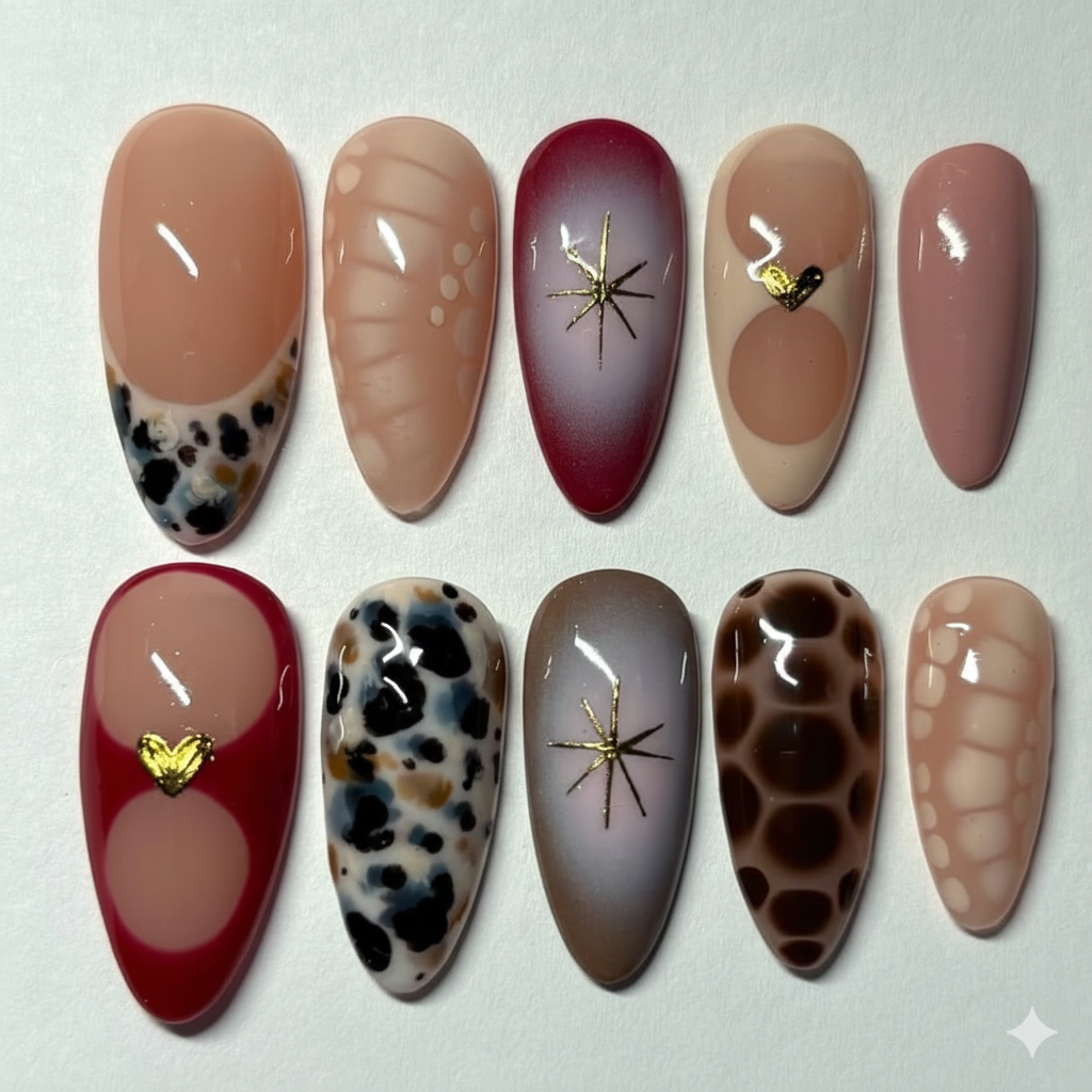 Luxury Nude Almond Shape Press On Nails | Tortoiseshell & Burgundy Star Design Fake Nails