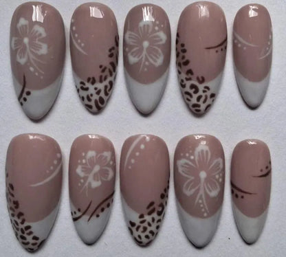 Nude Almond Press On Nails | Floral French Tip with Leopard Accent Gel Nails Set