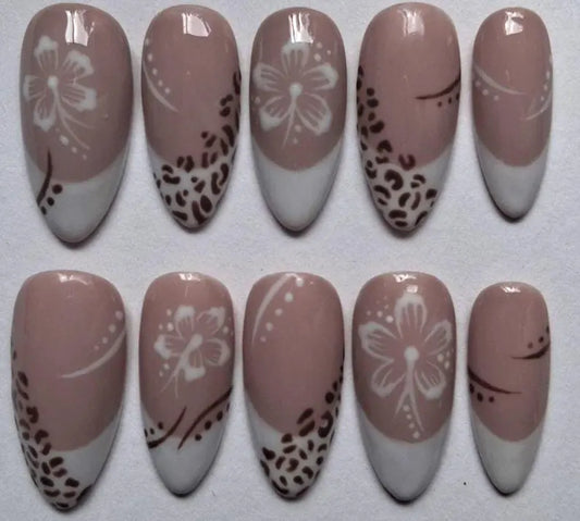 Nude Almond Press On Nails | Floral French Tip with Leopard Accent Gel Nails Set