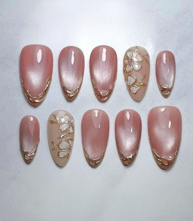 Luxury Nude Pink Almond Press On Nails | Acrylic Gold Foil French Tip & Floral Accent Nail Set