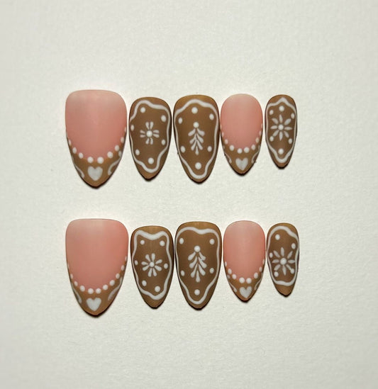 Gingerbread Cookie Christmas Press On Nails | Custom Brown Almond Shape Holiday Fake Nails