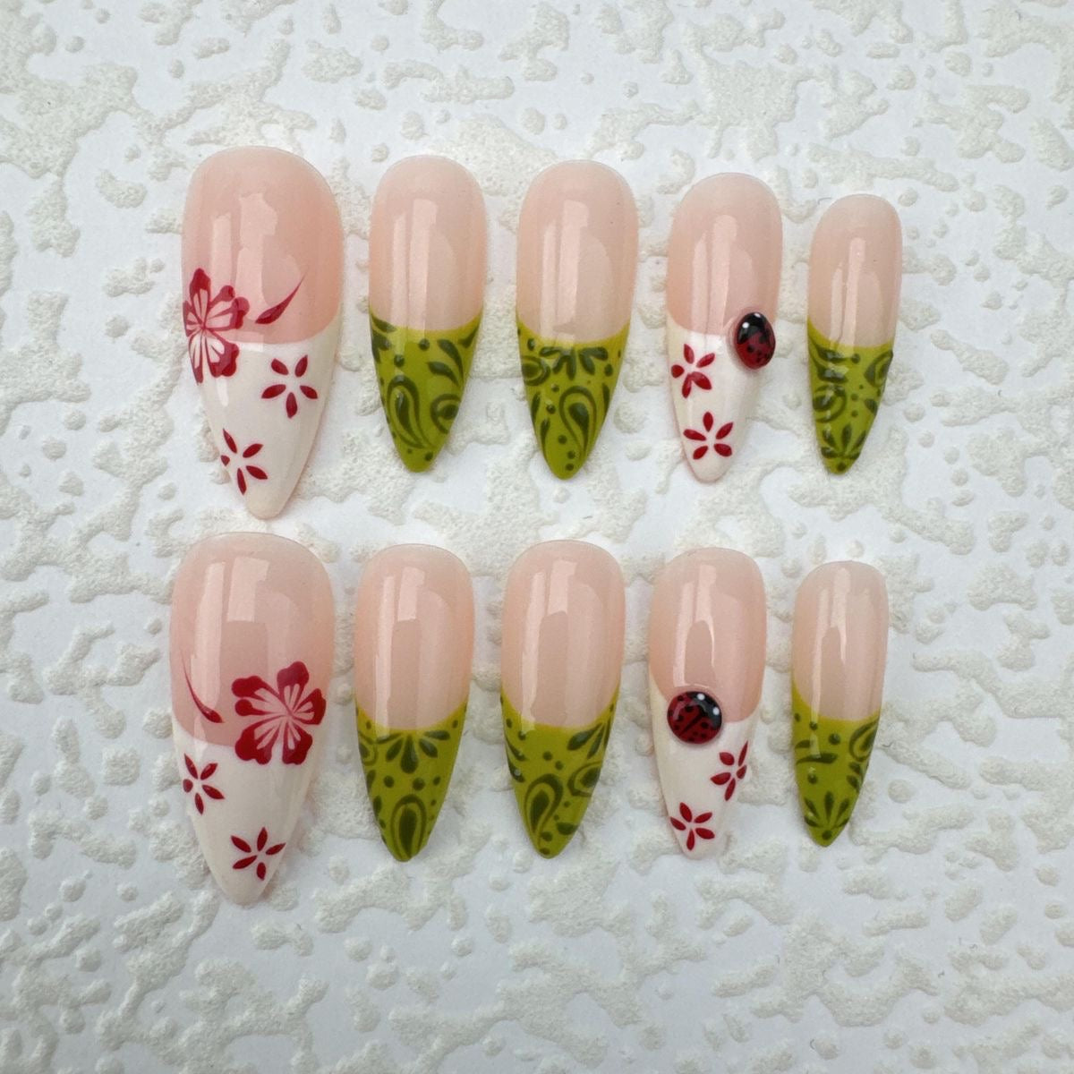 Cute Floral Almond Press On Nails | Green & White French Tips With Ladybug And Flower Design