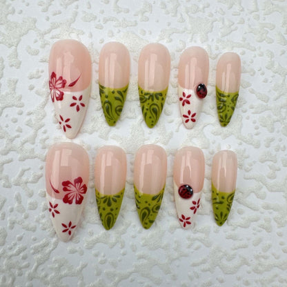 Cute Floral Almond Press On Nails | Green & White French Tips With Ladybug And Flower Design