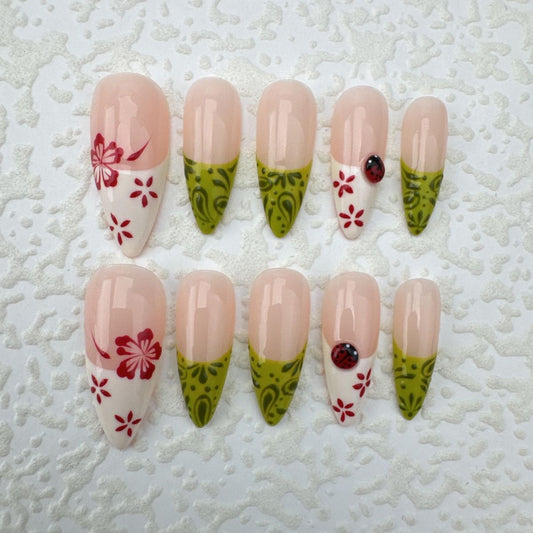 Cute Floral Almond Press On Nails | Green & White French Tips With Ladybug And Flower Design