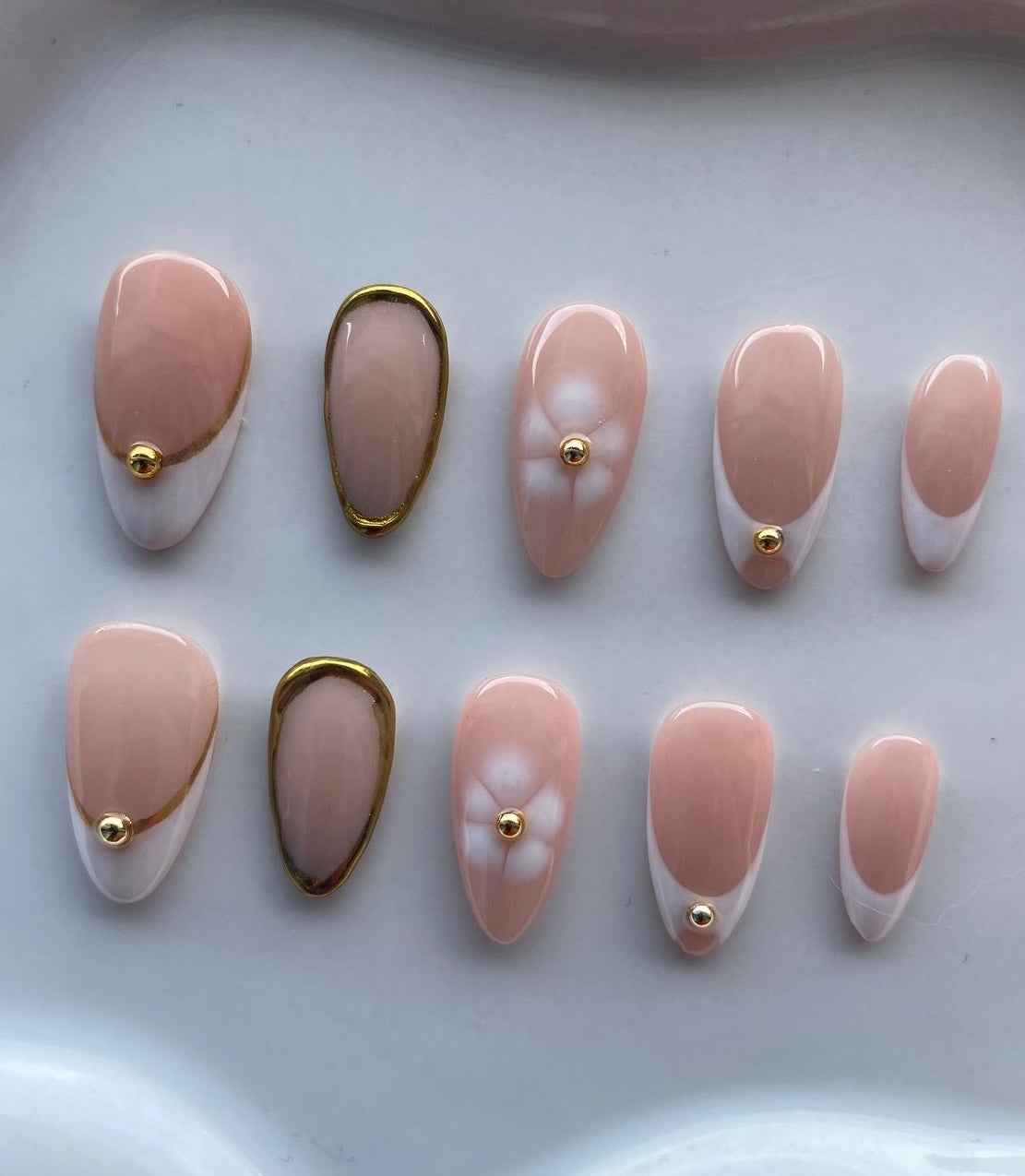 Luxury Nude Pink Almond Press On Nails | Handmade Minimal French Tips With Gold Stud