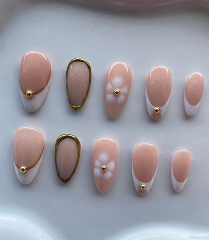 Luxury Nude Pink Almond Press On Nails | Handmade Minimal French Tips With Gold Stud