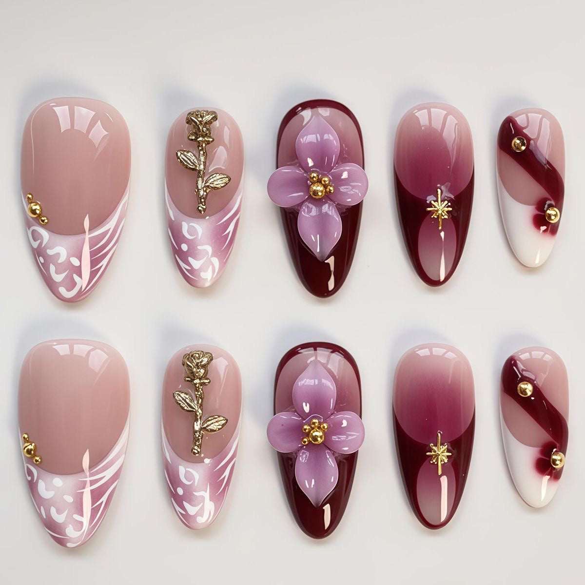 Burgundy Floral Press On Nails | Wine Red Ombre Almond False Nails | Gold Charm 3D Flower And Rose