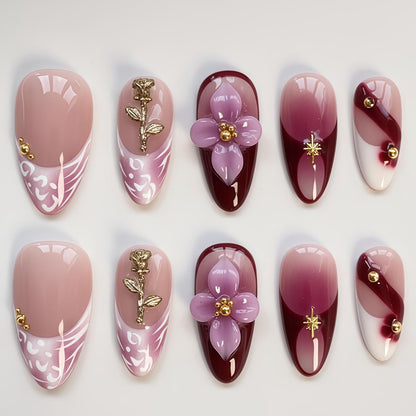 Burgundy Floral Press On Nails | Wine Red Ombre Almond False Nails | Gold Charm 3D Flower And Rose