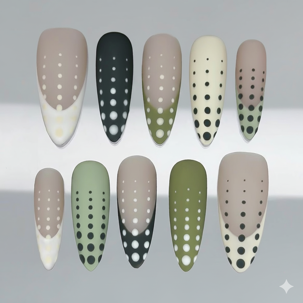 Minimalist Polka Dot Press On Nails | Neutral Green Almond Nails | Matte Aesthetic Fake Nails