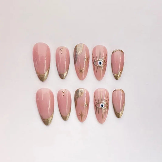 Pink Gold Evil Eye Almond French Tip Nails | Hand Painted Star & Eye Protective Nail Design