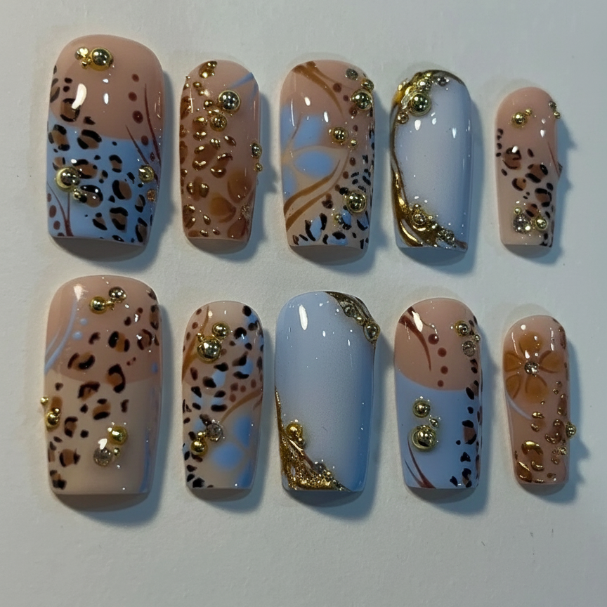 Leopard Print Press On Nails | Nude & Blue Abstract Almond Nails | Luxury Gold Foil Reusable Fake Nails