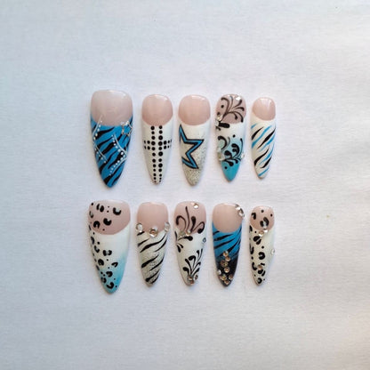 Handmade Blue & White Press On Nails |  Nude Base Abstract Animal Print Rhinestone Gel Nails