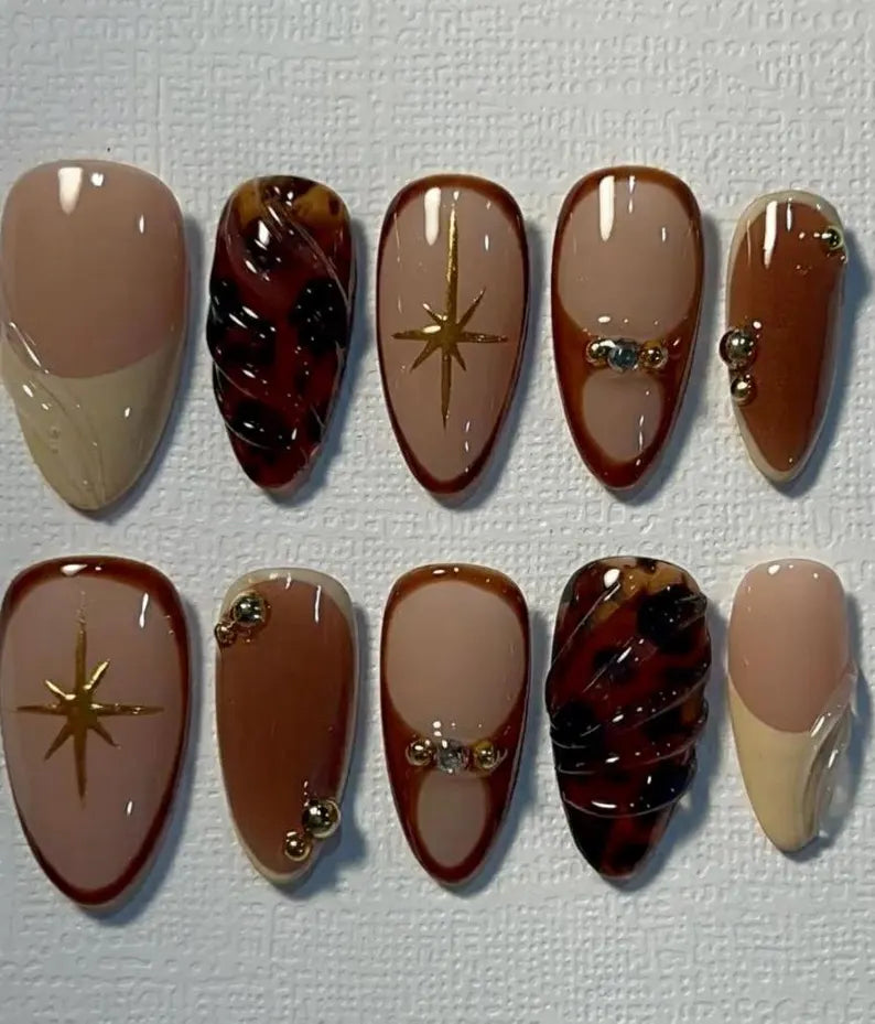 Brown Nude Almond Press On Nails | Tortoiseshell Design Gold Starburst Accent Rhinestone Long Fake Nails