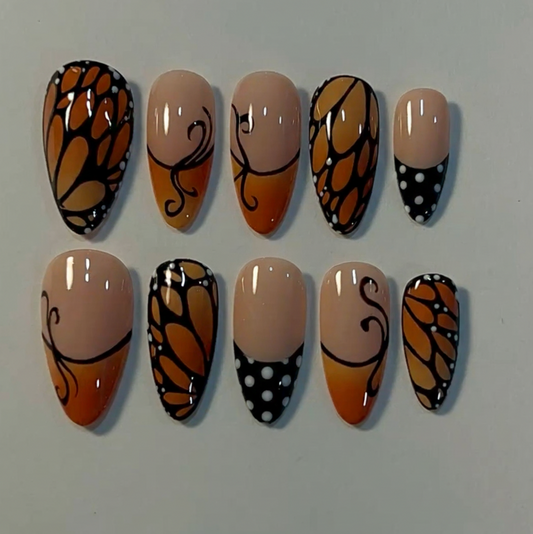 Custom Butterfly Wing Press On Nails | Brown Nude Abstract Swirls Polka Dot Design Nail Set