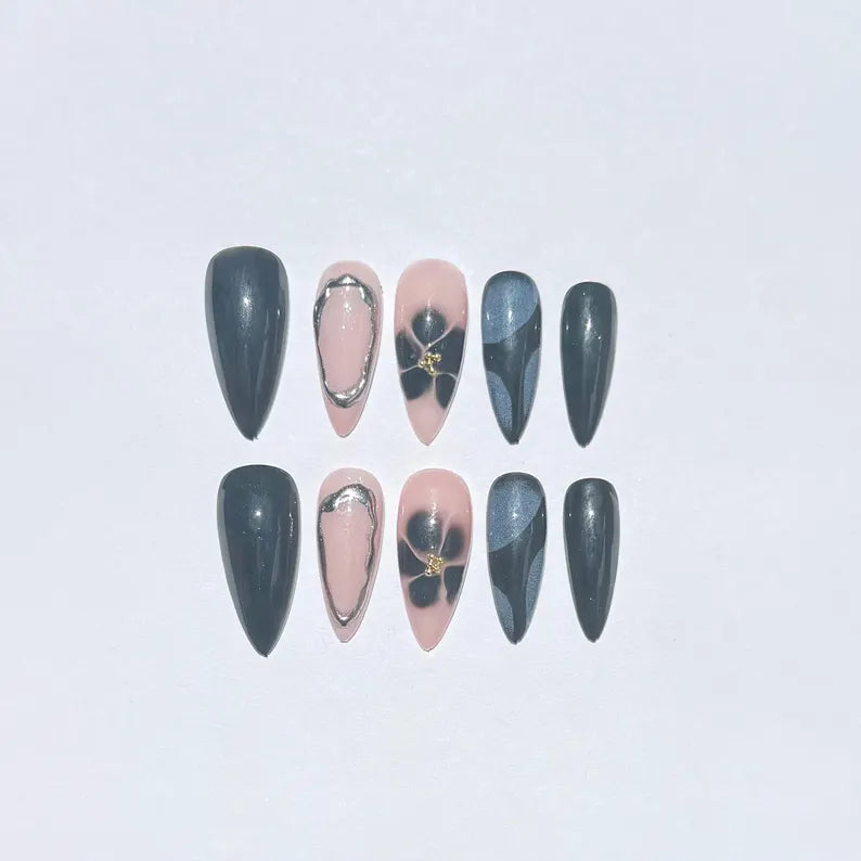 Pink Black Floral Almond Nails |Silver Chrome Outline Design |Classy Press On Nail Set