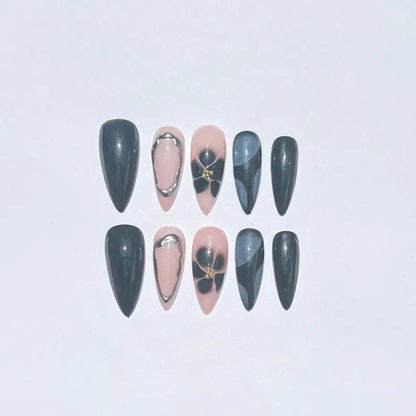 Pink Black Floral Almond Nails |Silver Chrome Outline Design |Classy Press On Nail Set